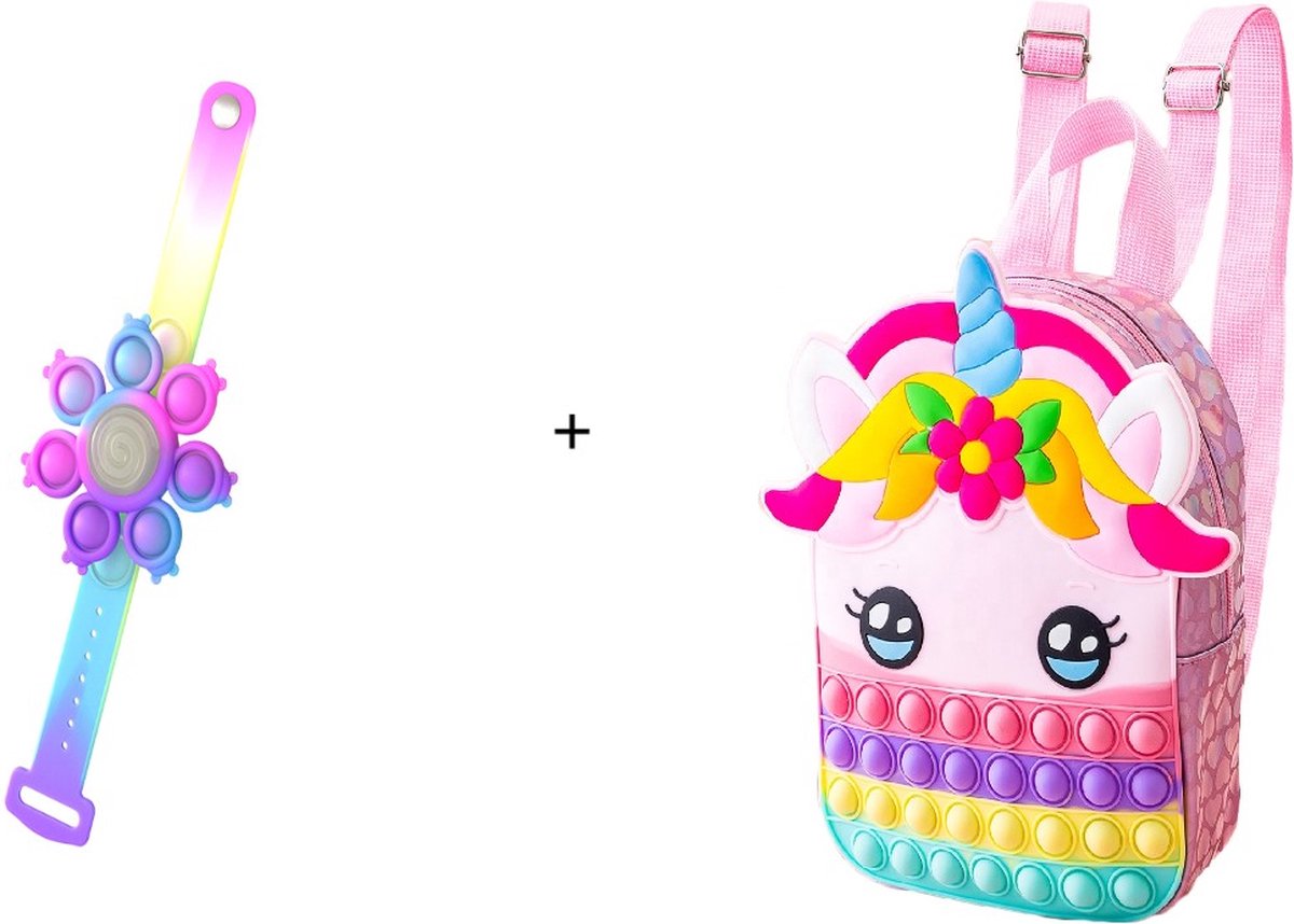Pop it tas met ogen -Zacht kleur Regenboog tasje met een Spinning Light Popping Bracelet - cadeautip - Unicorn sling tasje met een armband