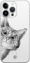 Casimoda® hoesje - Geschikt voor iPhone 14 Pro Max - Kat Kiekeboe - Siliconen/TPU telefoonhoesje - Backcover - Kat - Wit
