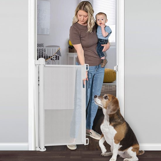 Comomy Oprolbaar Traphekje - Tot 180cm Breed - Veiligheidshekje voor Baby - Kinderhekje – Hondenhek – Wit