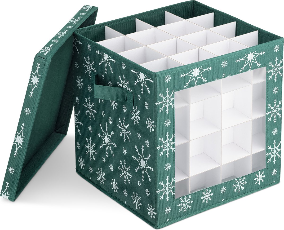 Navaris kerstballen opbergbox 64 vakken - Opvouwbare opbergdoos voor kerstdecoratie - In feestelijk donkergroen kerstdesign