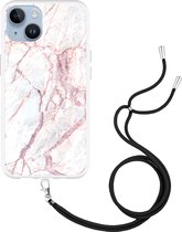 iPhone 14 Hoesje met Koord White Pink Marble - Designed by Cazy