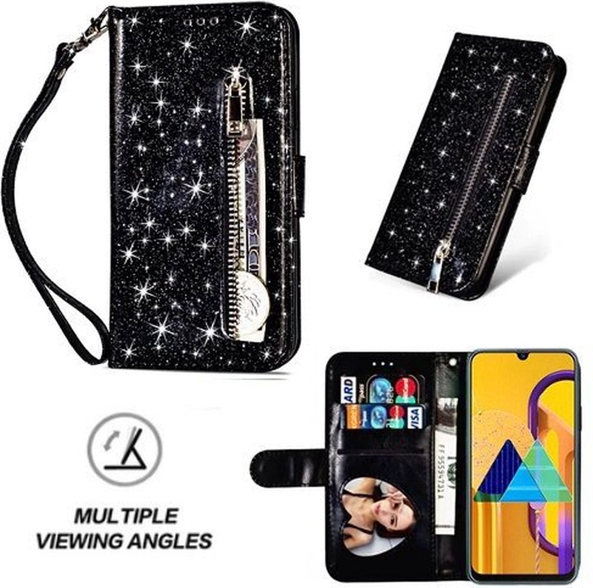 Samsung M21 Glitter Hoesje Met Pasjeshouder Bookcase Zwart