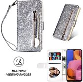 Samsung A20s Glitter Hoesje Met Pasjeshouder Bookcase Zilver