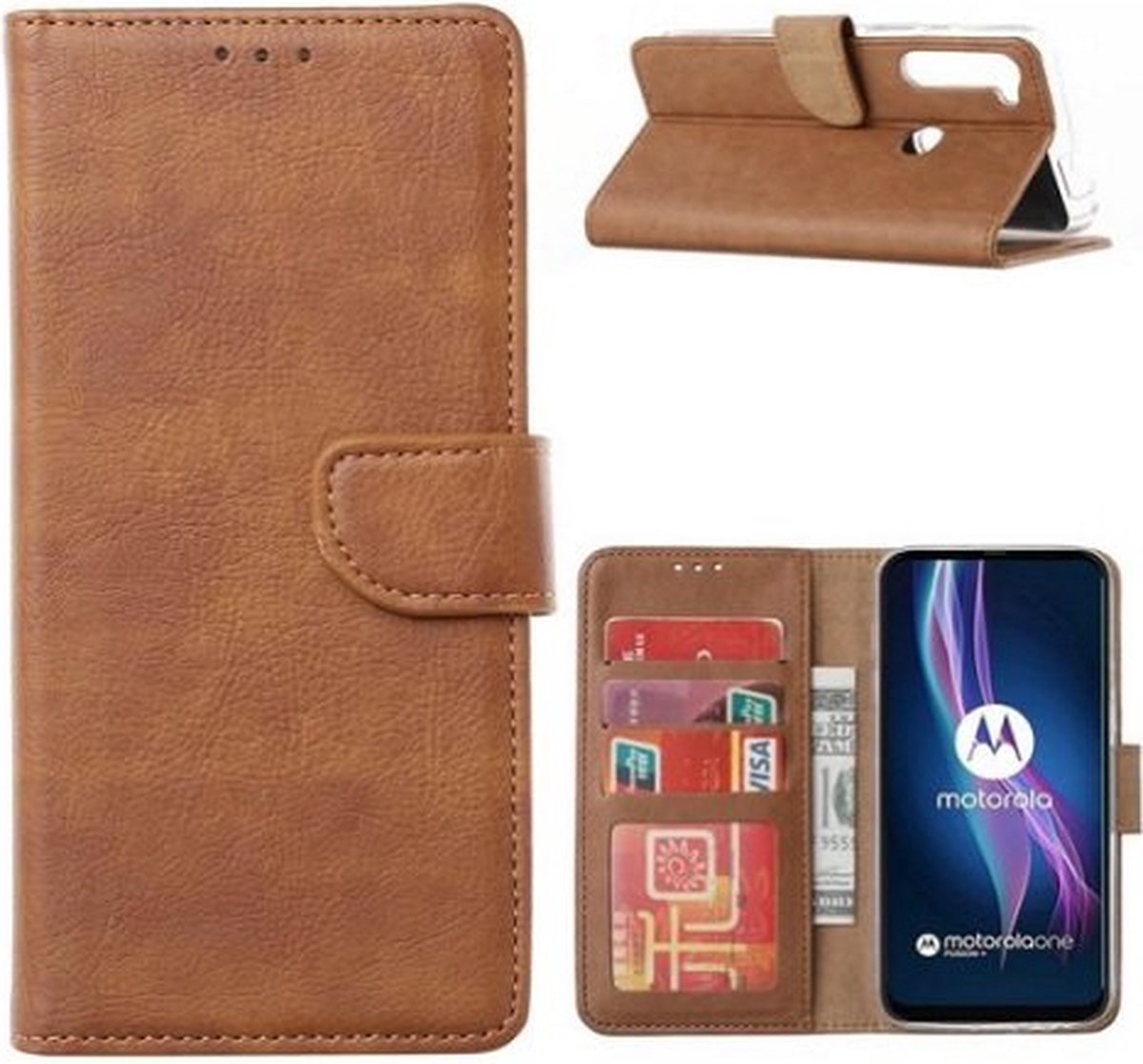 Motorola One Fusion Plus Hoesje Met Pasjeshouder Bookcase Bruin
