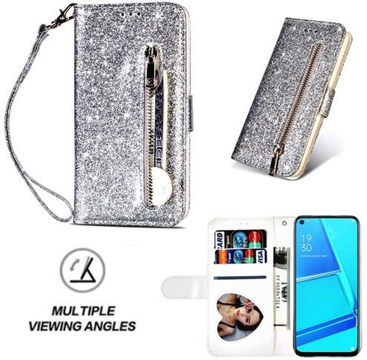 Oppo A52 Glitter Hoesje Met Pasjeshouder Bookcase Zilver