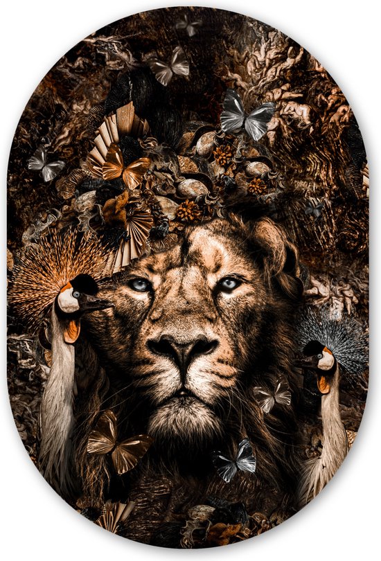 Muurovaal - Kunststof Wanddecoratie - Ovalen Schilderij - Vlinder - Vogels - Leeuw - 40x60 cm - Ovale spiegel vorm op kunststof