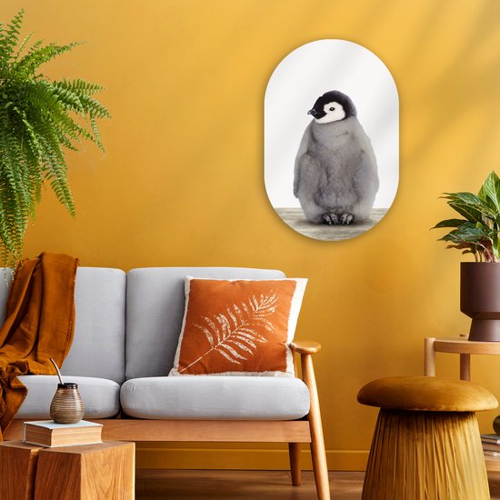Ovale Mural - Ovale Mural - Décoration murale Plastique - Peinture Ovale - Enfants - Pingouin - Grijs - Animaux - Filles - Garçons - 40x60 cm - Forme miroir ovale sur plastique