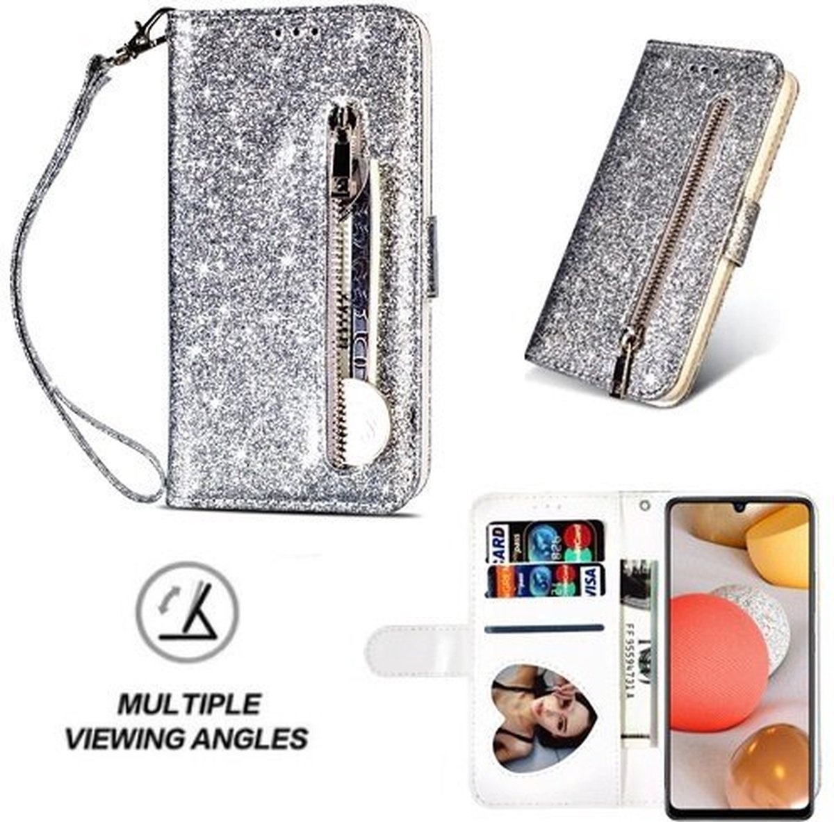 Samsung A42 Glitter Hoesje Met Pasjeshouder Bookcase Zilver