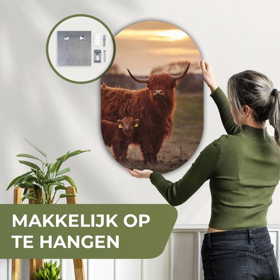 Wall Oval - Décoration murale en plastique - Peinture ovale - Highlander écossais - Animaux - Paysage - Coucher de soleil - 60x90 cm - Forme miroir ovale sur plastique