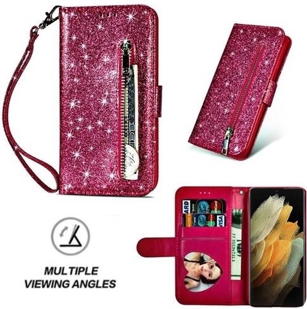 Samsung S21 Ultra Glitter Hoesje Met Pasjeshouder Bookcase Roze