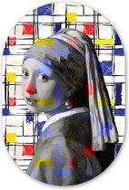 Muurovaal - Kunststof Wanddecoratie - Ovalen Schilderij - Mondriaan - Meisje met de parel - Collage - 80x120 cm - Ovale spiegel vorm op kunststof