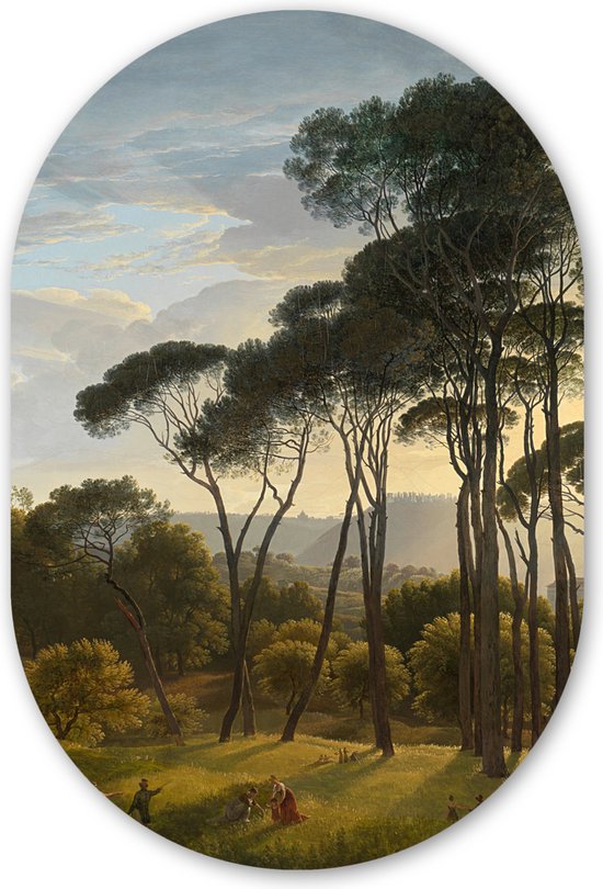 Muurovaal - Kunststof Wanddecoratie - Ovalen Schilderij - Italiaans landschap met parasoldennen - Schilderij van Hendrik Voogd - 80x120 cm - Ovale spiegel vorm op kunststof