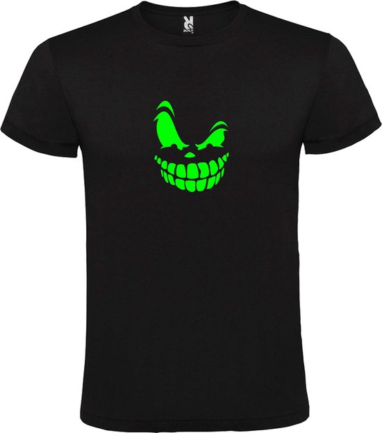 Zwart T-Shirt met “ Halloween Spooky Face “ afbeelding Neon Groen Size XXL