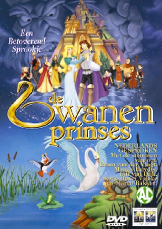 Een betoverend sprookje De Zwanenprinses met prins, prinses, zwanen en kasteel op de achtergrond.
