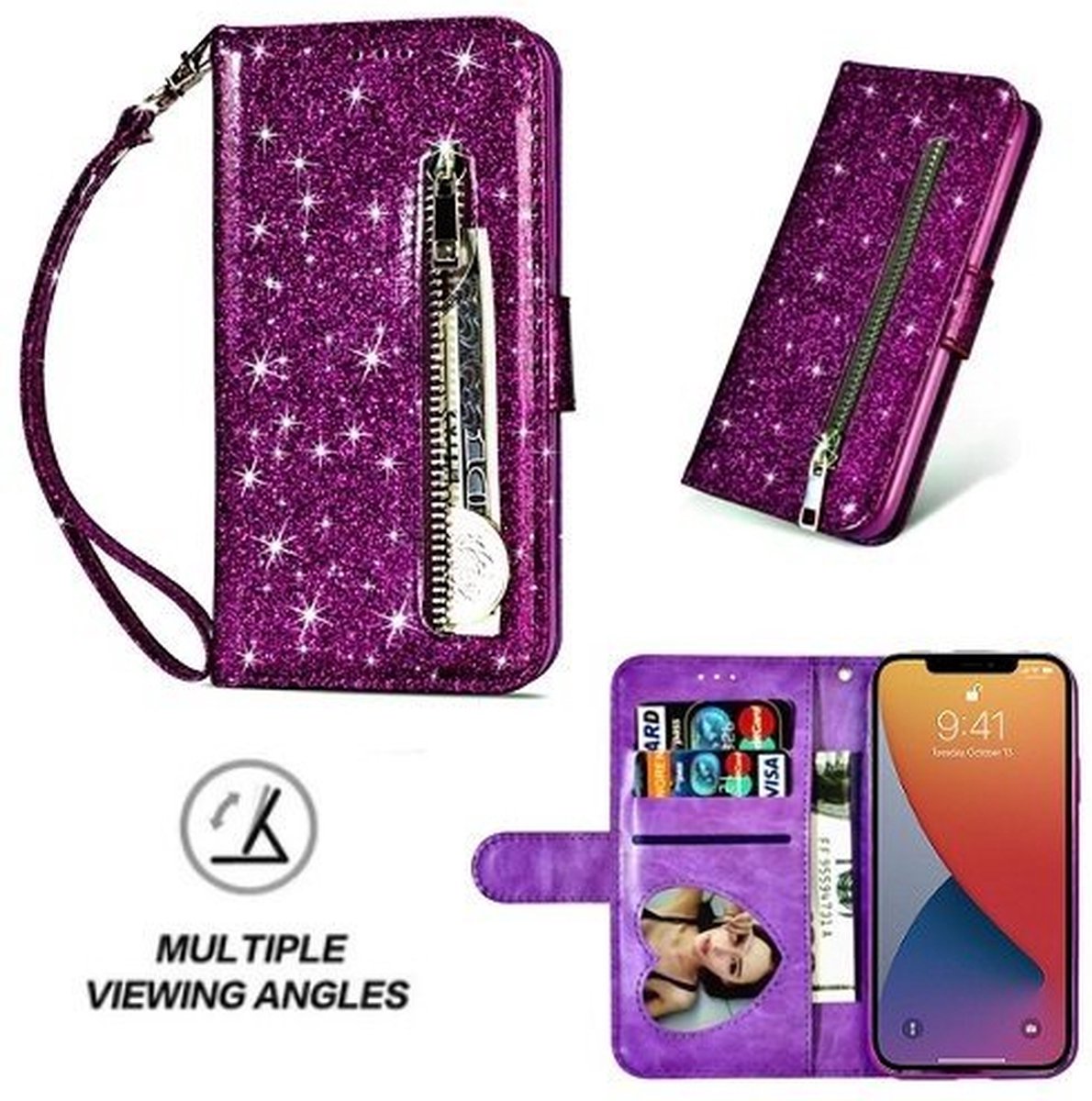iPhone 12 Pro Max Glitter Hoesje Met Pasjeshouder Bookcase Paars