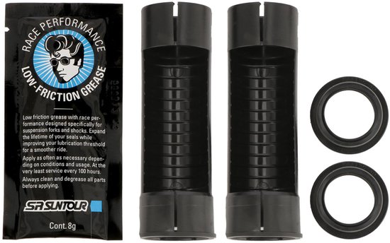 Servicekit met twee zwarte plastic sleeves en twee ringen, met een zakje 'Race Performance Low-Friction Grease'.