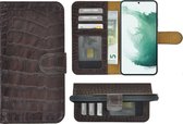 Samsung Galaxy S22 Plus Hoesje - Bookcase Hoesje - Samsung S22 Plus Wallet Book Case Echt Leer Croco Chocoladerbuin Cover