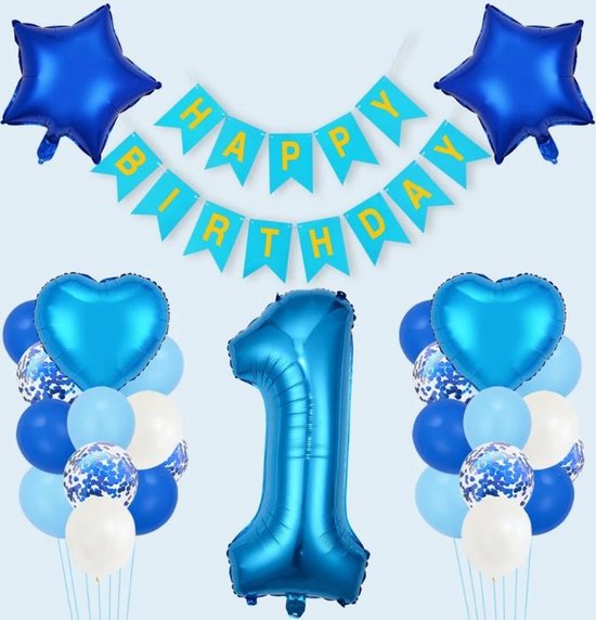 Eerste Verjaardag Versiering Set Jongens Blauw 1 jaar - Jongens Verjaardag Versiering Blauw Wit Zilver Goud - Verjaardag Decoratie set 1 Jaar Blauw 28 stuks - 1ste Verjaardag Versiering Blauw - Blauwe Ballonnen Verjaardag set - 1 Jaar Verjaardagset