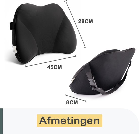 Afmetingen van zwarte ergonomische rugsteun: 45cm breed, 28cm hoog, 8cm diep.