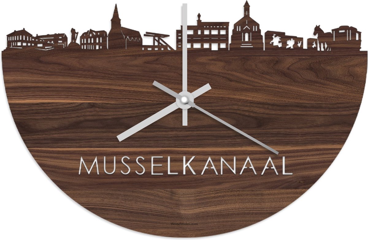 Skyline Klok Musselkanaal Notenhout - Ø 40 cm - Stil uurwerk - Wanddecoratie - Meer steden beschikbaar - Woonkamer idee - Woondecoratie - City Art - Steden kunst - Cadeau voor hem - Cadeau voor haar - Jubileum - Trouwerij - Housewarming -