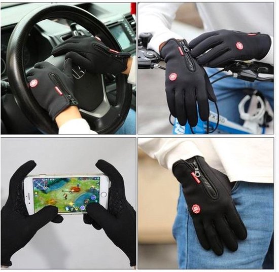 Fietshandschoenen Winter - Handschoenen - Sport Handschoenen Met Rits - Touchscreen Telefoon - Anti Slip Gloves - Heren / Dames - Maat XL - Zwart