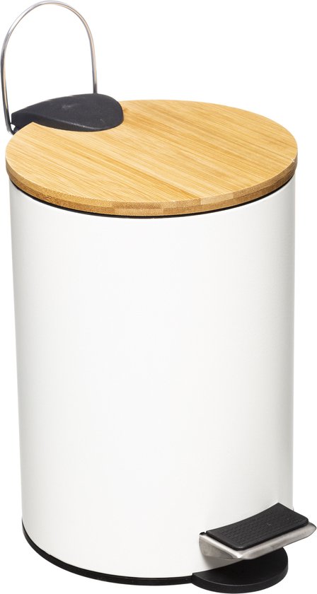 Stijlvolle prullenbak met bamboe deksel – Wit – Klein formaat voor kantoor