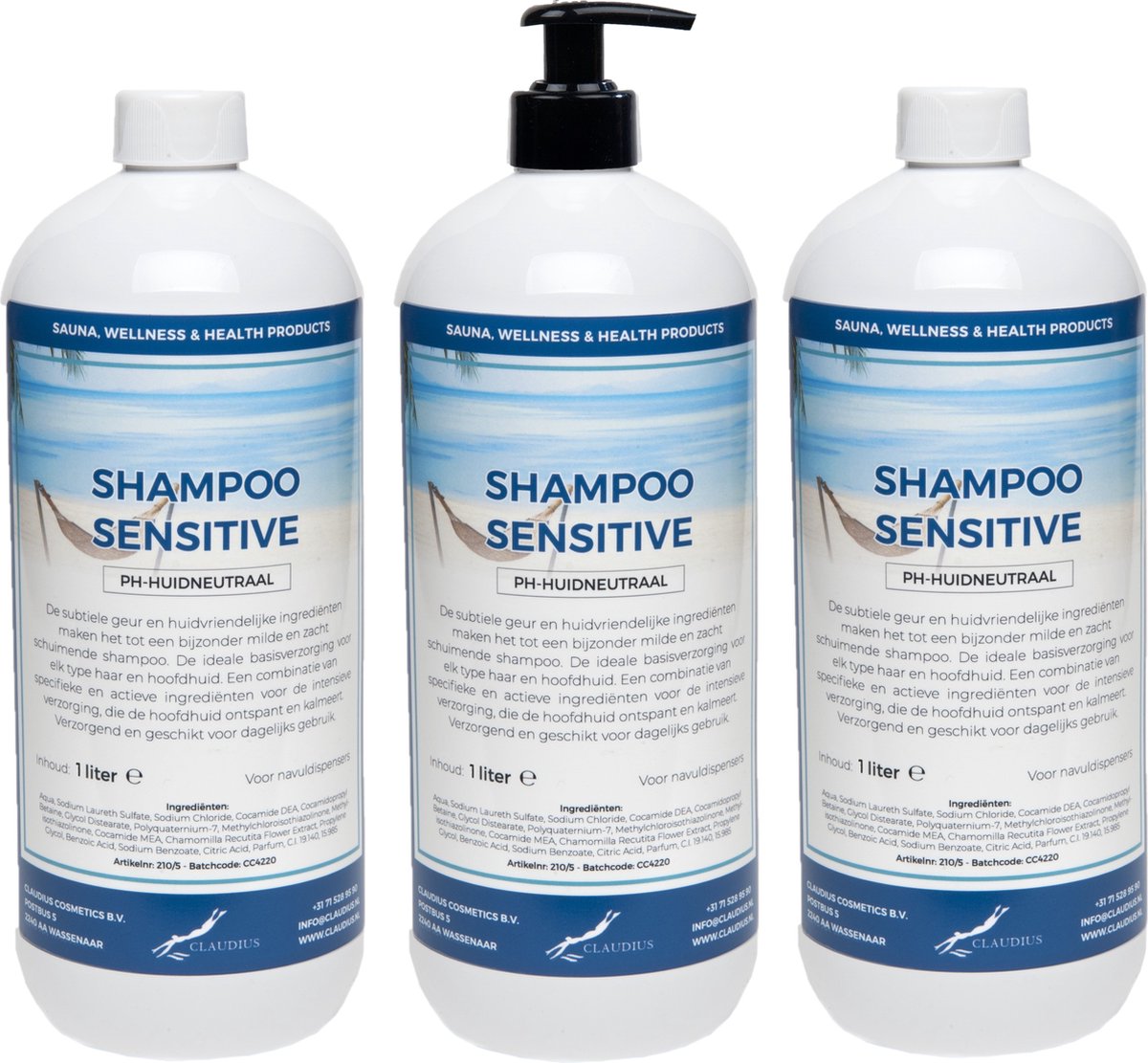 Shampoo Sensitive 1 liter - set van 3 stuks - met gratis pomp