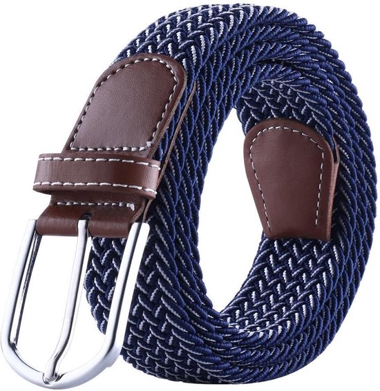 Gevlochten elastische riem in donkerblauw en wit met bruine lederen details en zilverkleurige gesp.