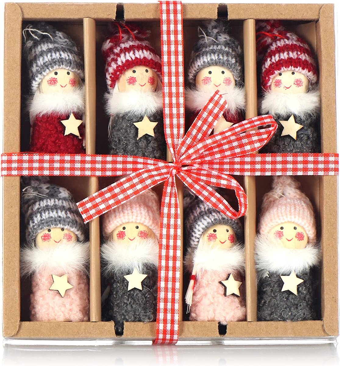 COM-FOUR® 8x premium kerstmanhangers voor in de kerstboom, betoverende kerstboomfiguren hangers als boomhangers, kerstversieringen of cadeaulabels (Design 14 - grijs + roze + donkerrood)