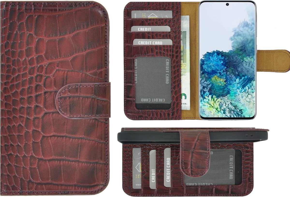 MoDo hoesje Geschikt voor Samsung Galaxy S20 FE - Echt Leer Book Case - Croco Bordeauxrood