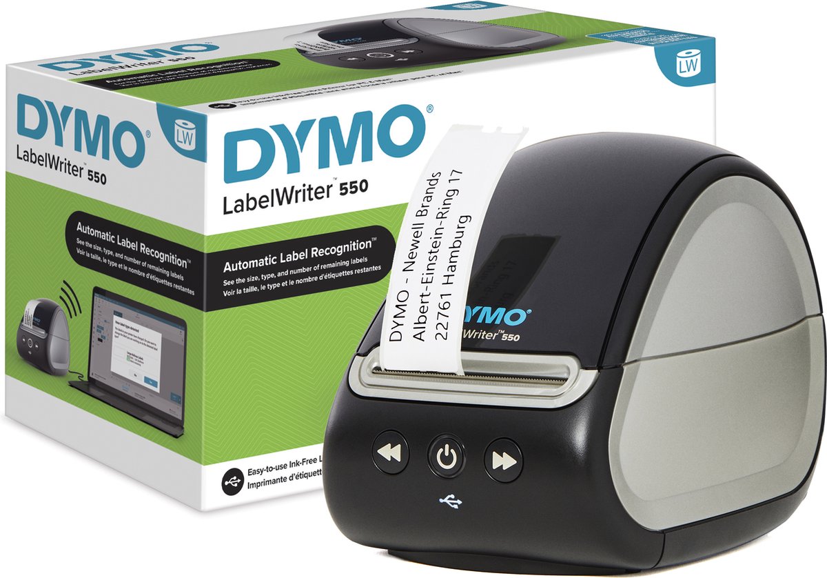 DYMO LabelWriter 550 Labelprinter | Labelmaker met direct thermisch printen | Automatische labelherkenning | Drukt adreslabels, verzendlabels, barcodelabels af en meer | Tweepolige EU-stekker - DYMO