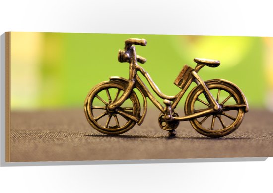 WallClassics - Hout - Miniatuurbeeld van Gouden Fiets - 100x50 cm - 12 mm dik - Foto op Hout (Met Ophangsysteem)