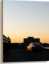 WallClassics - Hout - Auto op Dak van Parkeergarage - 60x80 cm - 12 mm dik - Foto op Hout (Met Ophangsysteem)