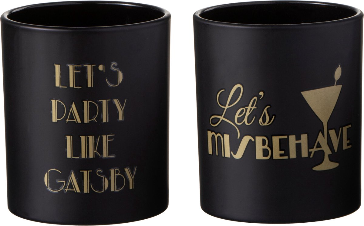 J-Line theelichthouder Gatsby - glas - zwart/goud - 2 stuks Zwart - Goud