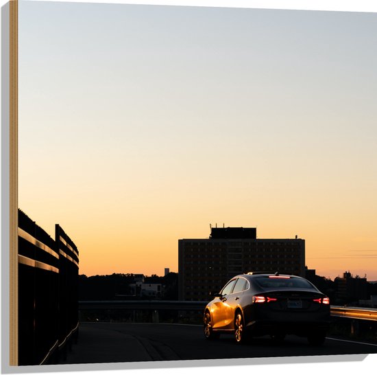 WallClassics - Hout - Auto op Dak van Parkeergarage - 80x80 cm - 12 mm dik - Foto op Hout (Met Ophangsysteem)