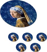Onderzetters voor glazen - Rond - Meisje met de parel - Delfts blauw - Vermeer - Bloemen - Schilderij - Oude meesters - 10x10 cm - Glasonderzetters - 6 stuks