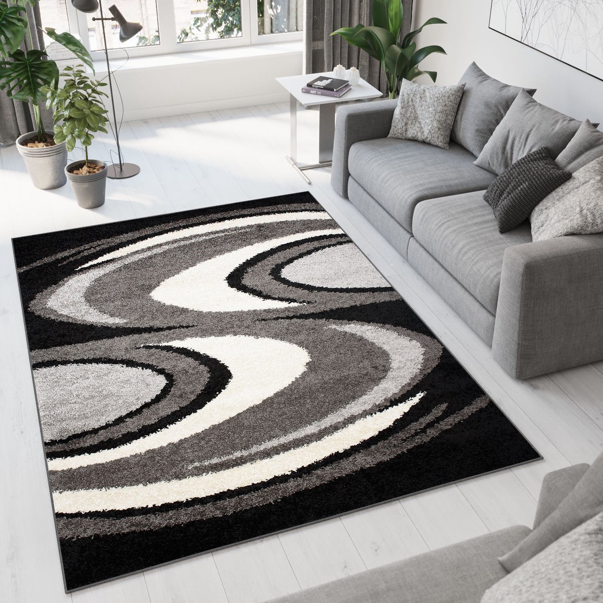 Tapiso Delhi Vloerkleed Hoogpolig Zacht Grijs Golven Tapijt Maat- 60x100 Zwart Grijs