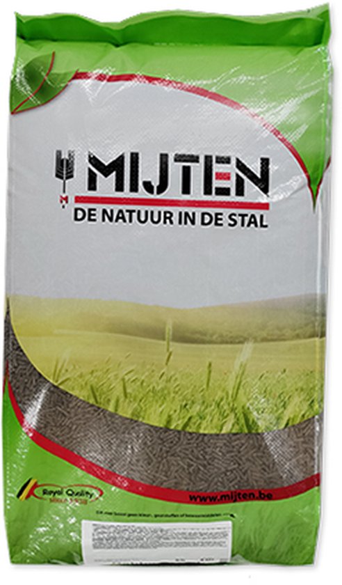 Groene zak met de tekst "MIJTEN DE NATUUR IN DE STAL" en een afbeelding van groen gras.