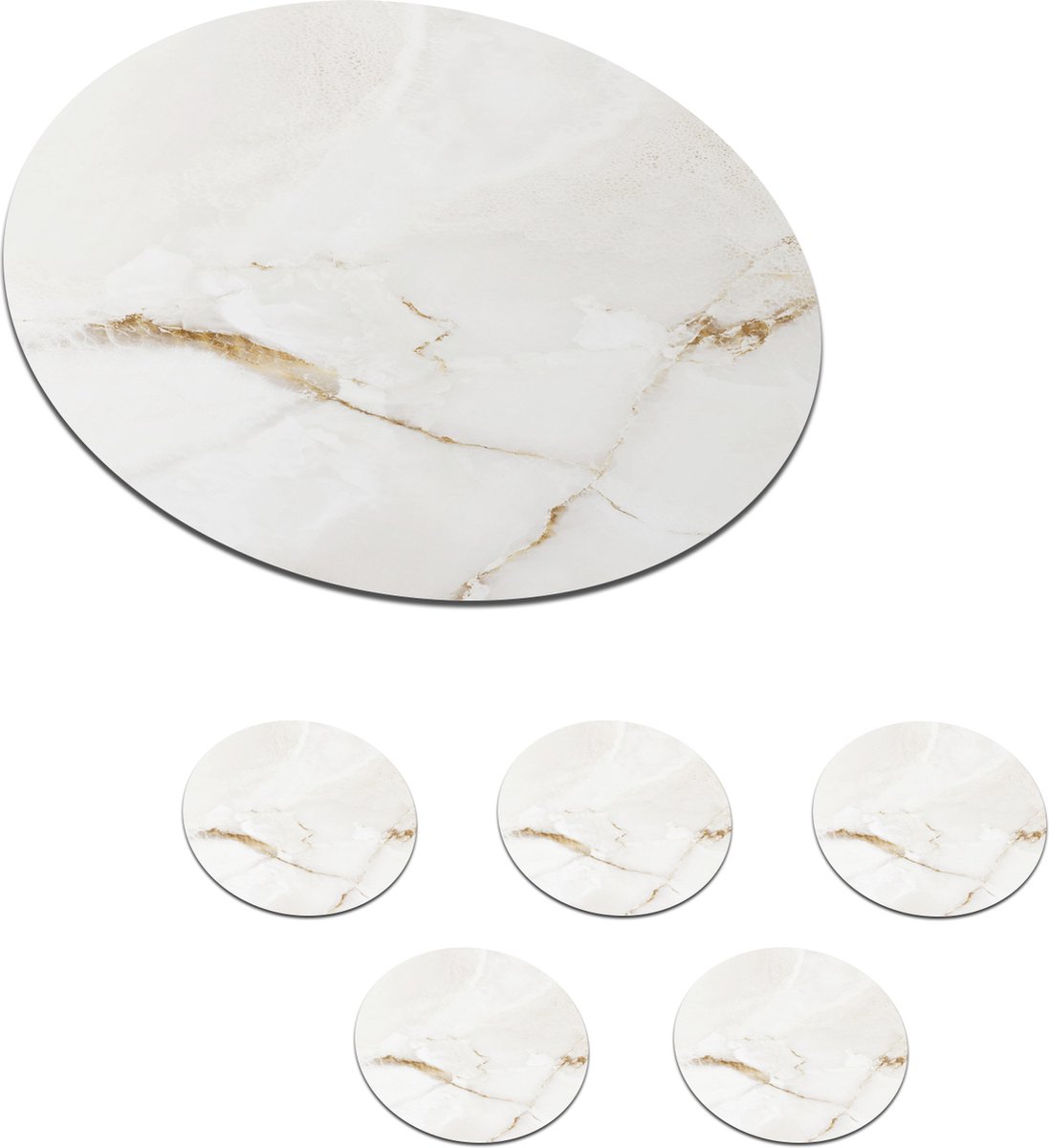 Onderzetters voor glazen - Rond - Marmer - Wit - Goud - 10x10 cm - Glasonderzetters - 6 stuks