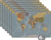 Placemat kinderen - Placemat - Placemats kunststof - Wereldkaart - Kleuren - Atlas - 45x30 cm - 6 stuks - Hittebestendig - Anti-Slip - Onderlegger - Afneembaar