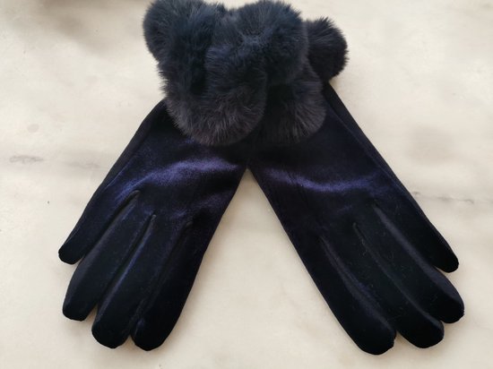 Warme dameshandschoenen donkerblauw velours met nepbont boord en met touch tip