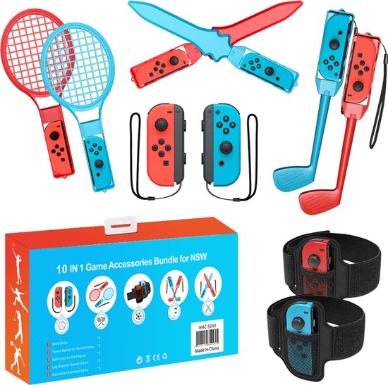 Nintendo Switch Accessoires Set 10-in-1 | High Quality - Geschikt voor JoyCon Controller | voor o.a. Switch Sports | Zwaard | Tennis Rackets | Golf clubs | Been Wraps Soccer | Wrist Wraps | Speelgoed | Cadeau | Kinderen