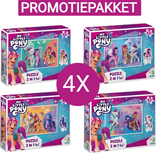 PACK PROMOTION-4 X Puzzle 2 en 1 My Little Pony avec figurine 4+ - 60 pièces  - 23x32