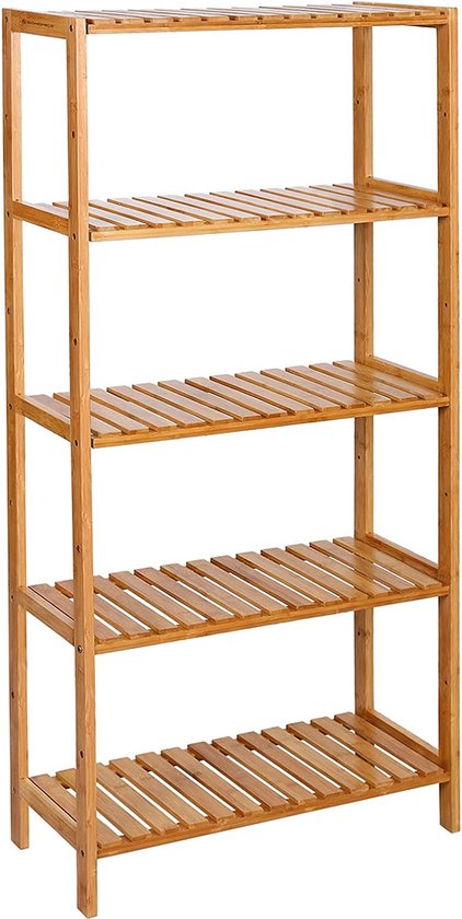 HITNET Boekenplank, Bamboe Boekenkast met 5 Verstelbare Planken, Grote Vrijstaande Keuken Opbergrek, Plant Display Stand, Wit