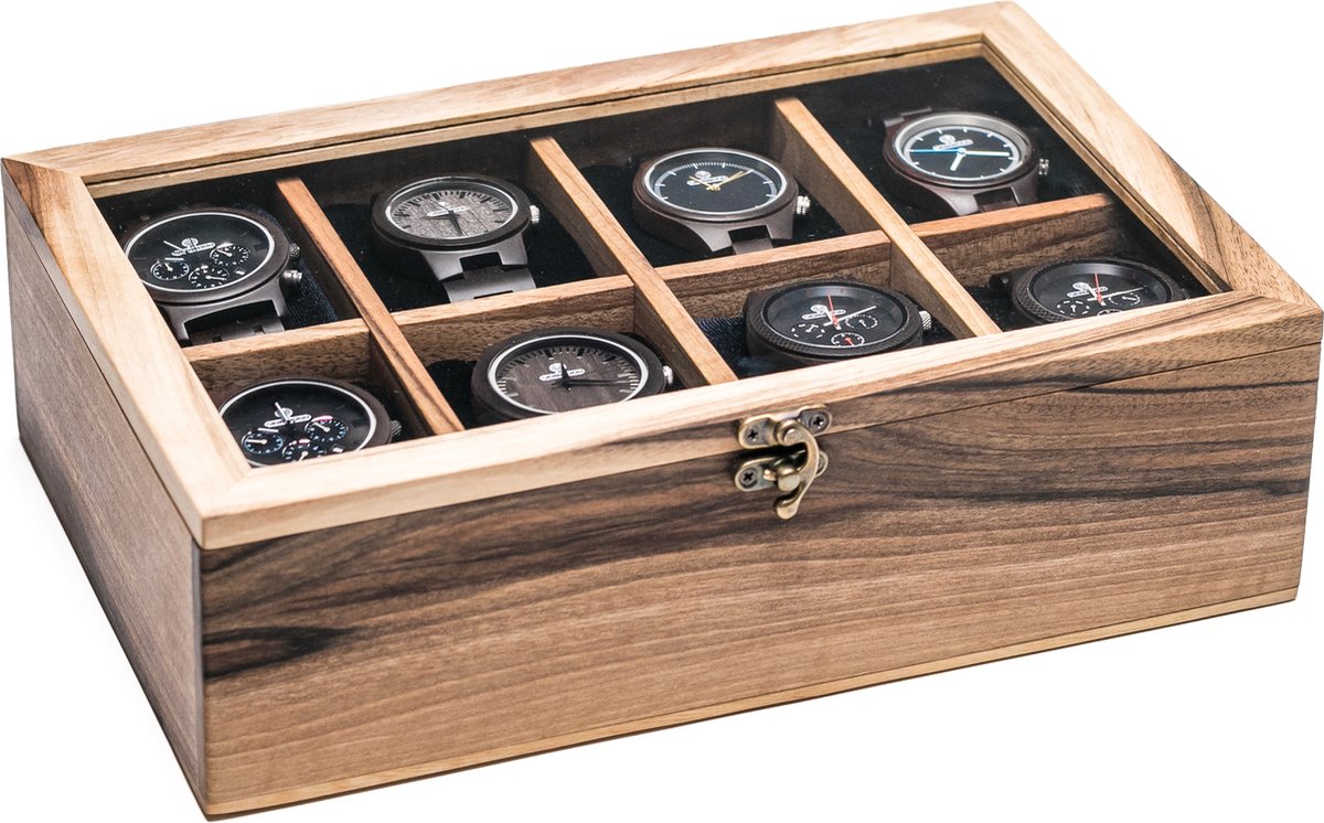 Alden - Houten Horloge Box - Kerstcadeau - 8 Compartimenten met 8 Zwarte Kussentjes - Geschikt voor Horloges en Sieraden - Walnoothout - Bruin