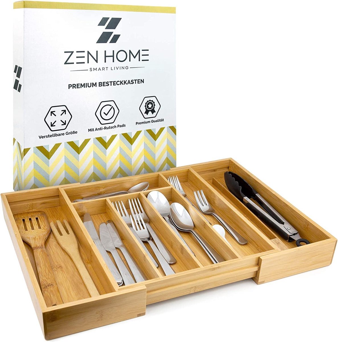 Zen Home ® Bestekbak voor schuifladen, antislip bestekbak van bamboe, verstelbare lade-inzet met 5-7 vakken, voor bestek en laden