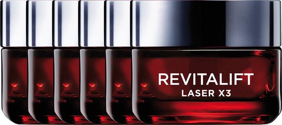 Vijf rode potjes met zilveren dopjes, L'Oréal Paris Revitalift Laser X3.