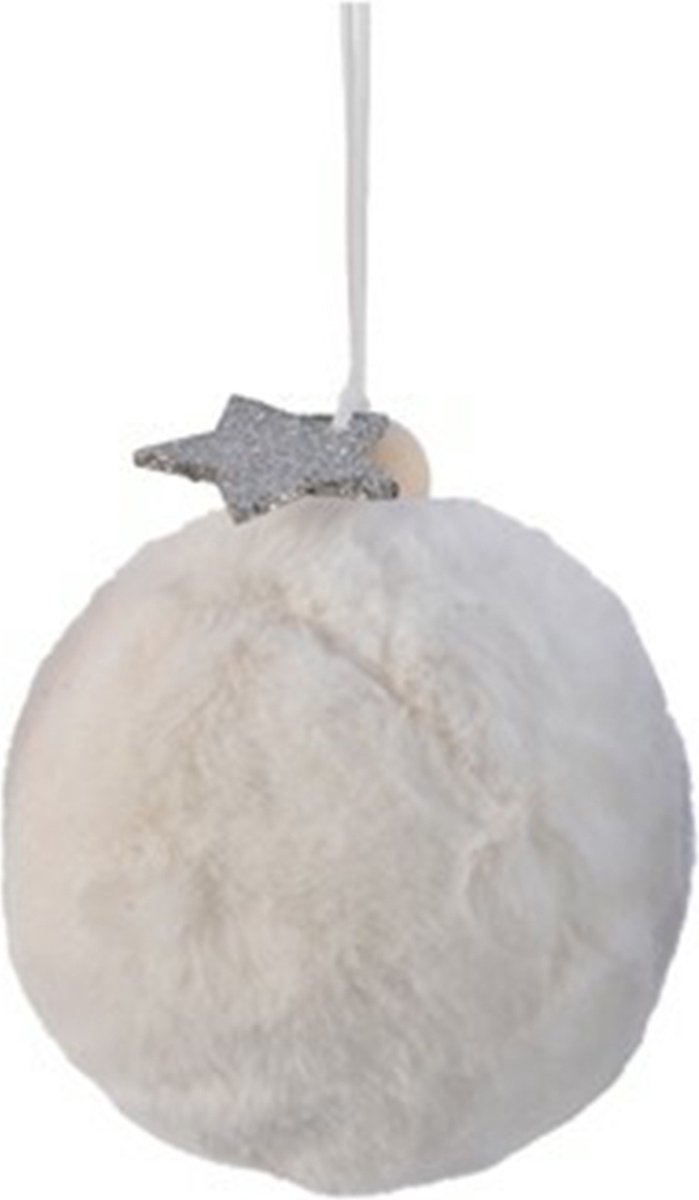 Witte fluffy kerstbal nepbont 12cm - Kaemingk