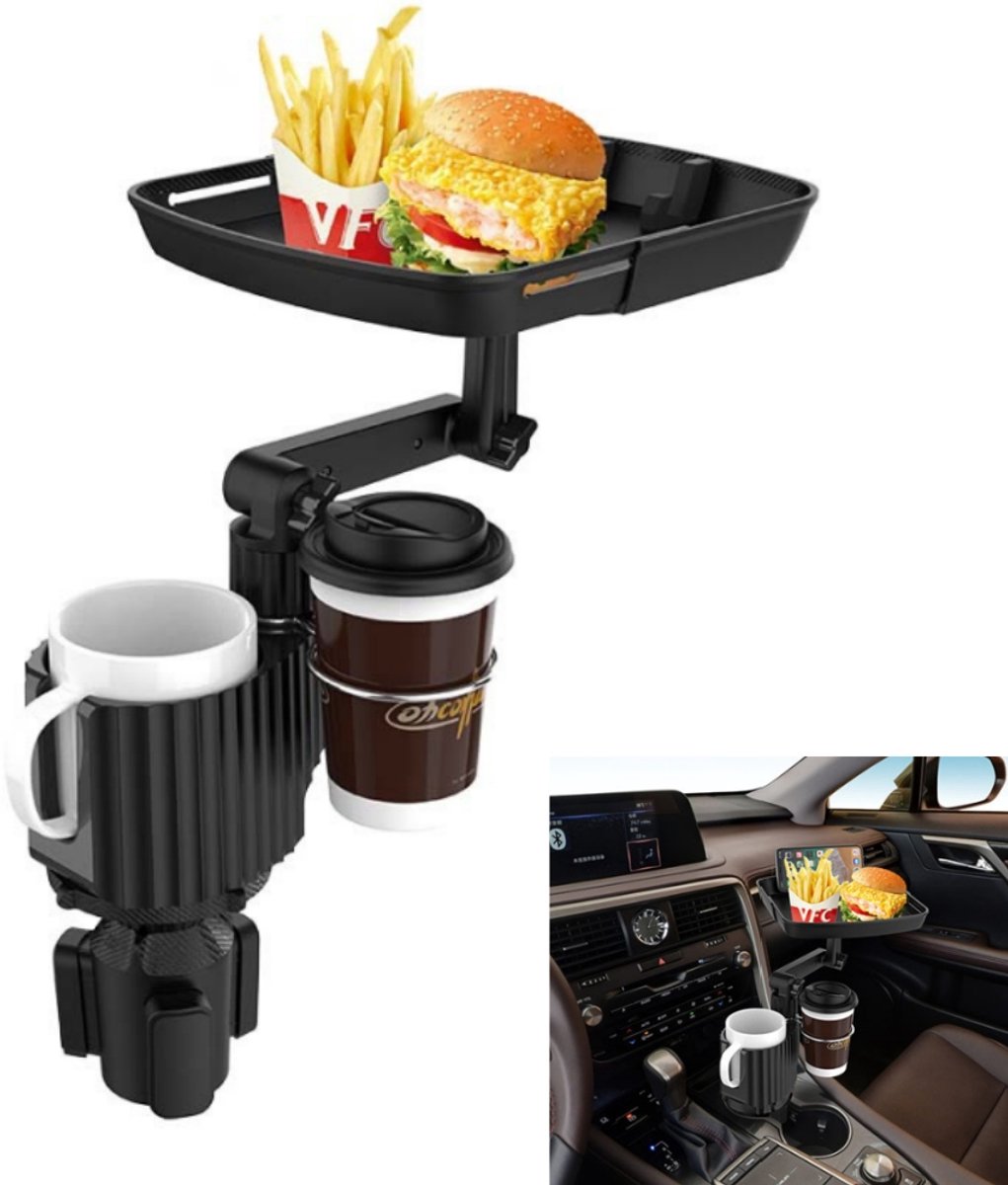 4-in-1 auto bekerhouder-uitbreidingslaan, afneembare auto voedsellade, telefoonhouder, 360° draaibare verstelbare basis, autoaccessoires，Auto opbergrek