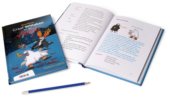 Een open boek met illustraties van een vampier, Graaf Witlaken, en een zwart katje.